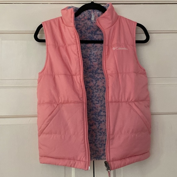 Columbia Reversible Girls Vest Pink Puffer Pink Blue Animal Print Fleece Size M - Picture 7 of 9